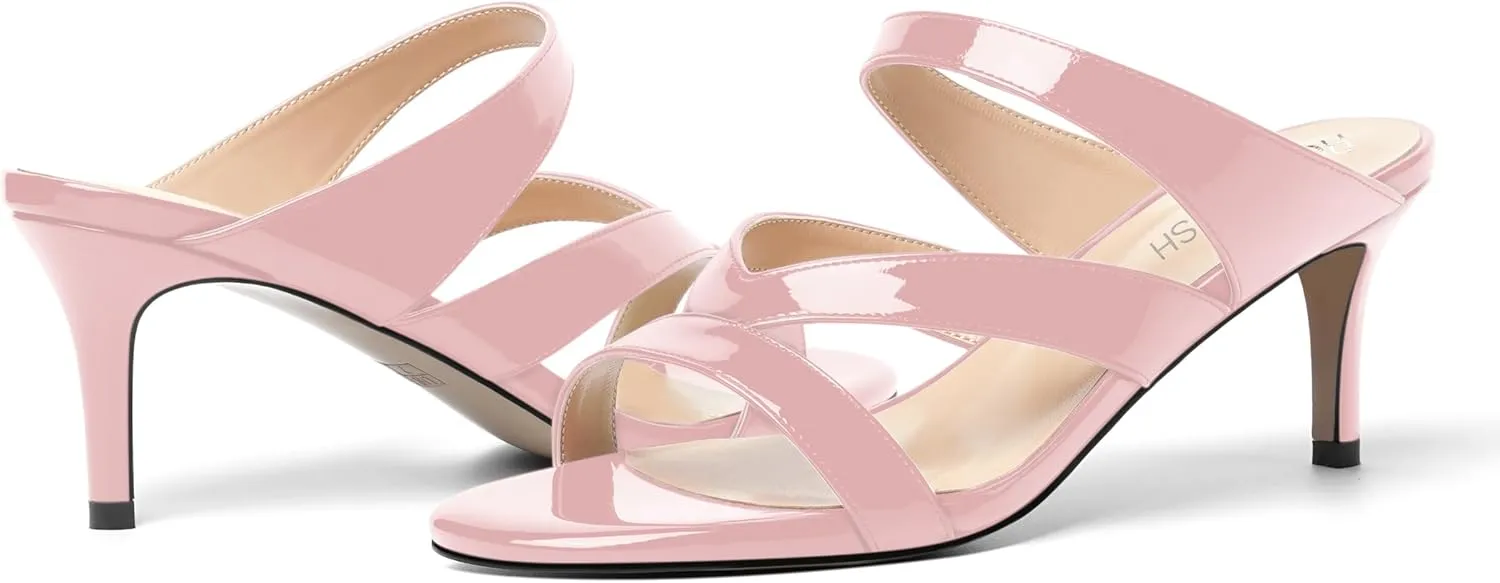 ROSERWISH Womens Strappy Slip On Patent Stylish Party Casual Open Toe Stiletto Mid Heel Heeled Sandals 2.5 Inch