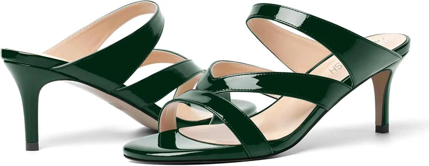 ROSERWISH Womens Strappy Slip On Patent Stylish Party Casual Open Toe Stiletto Mid Heel Heeled Sandals 2.5 Inch