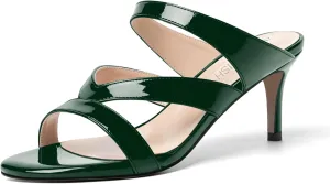ROSERWISH Womens Strappy Slip On Patent Stylish Party Casual Open Toe Stiletto Mid Heel Heeled Sandals 2.5 Inch