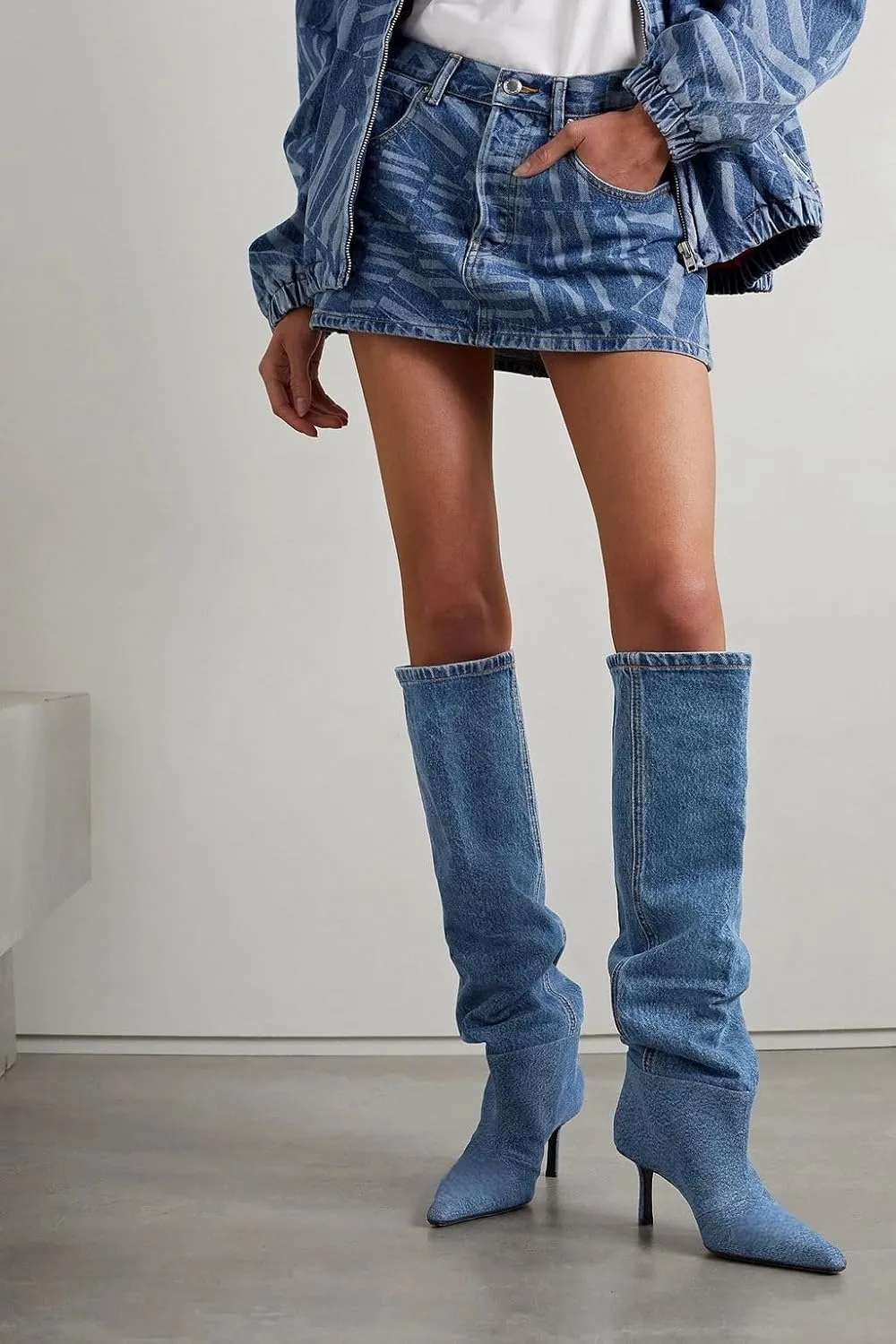 Saint Leia Women's Knee High Boots Pointed Toe Denim 2.76Inch Stiletto Heel Boots