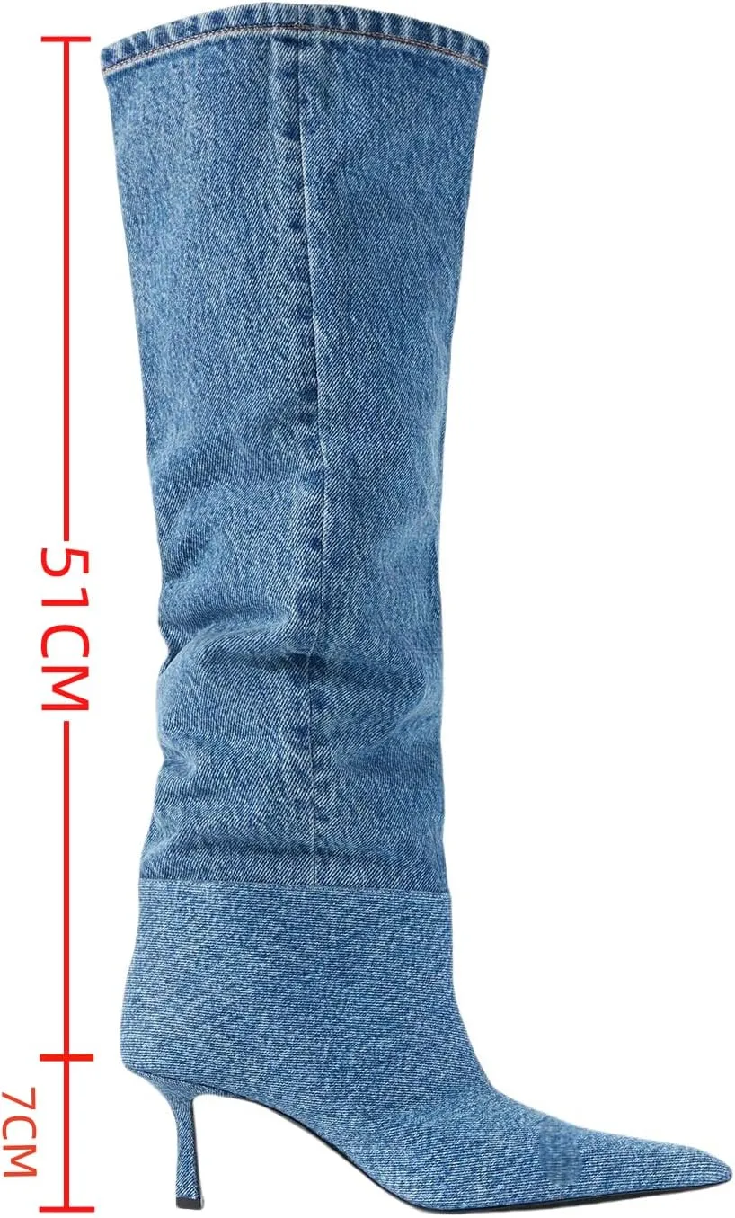 Saint Leia Women's Knee High Boots Pointed Toe Denim 2.76Inch Stiletto Heel Boots