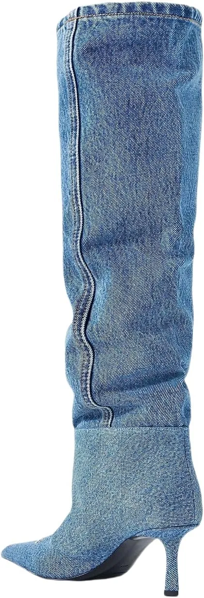 Saint Leia Women's Knee High Boots Pointed Toe Denim 2.76Inch Stiletto Heel Boots
