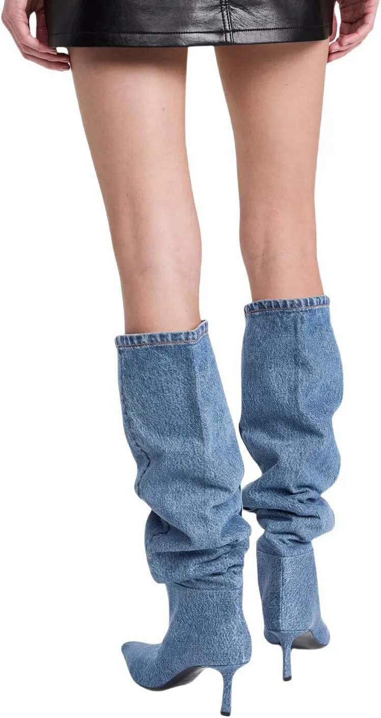 Saint Leia Women's Knee High Boots Pointed Toe Denim 2.76Inch Stiletto Heel Boots