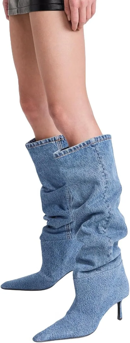 Saint Leia Women's Knee High Boots Pointed Toe Denim 2.76Inch Stiletto Heel Boots