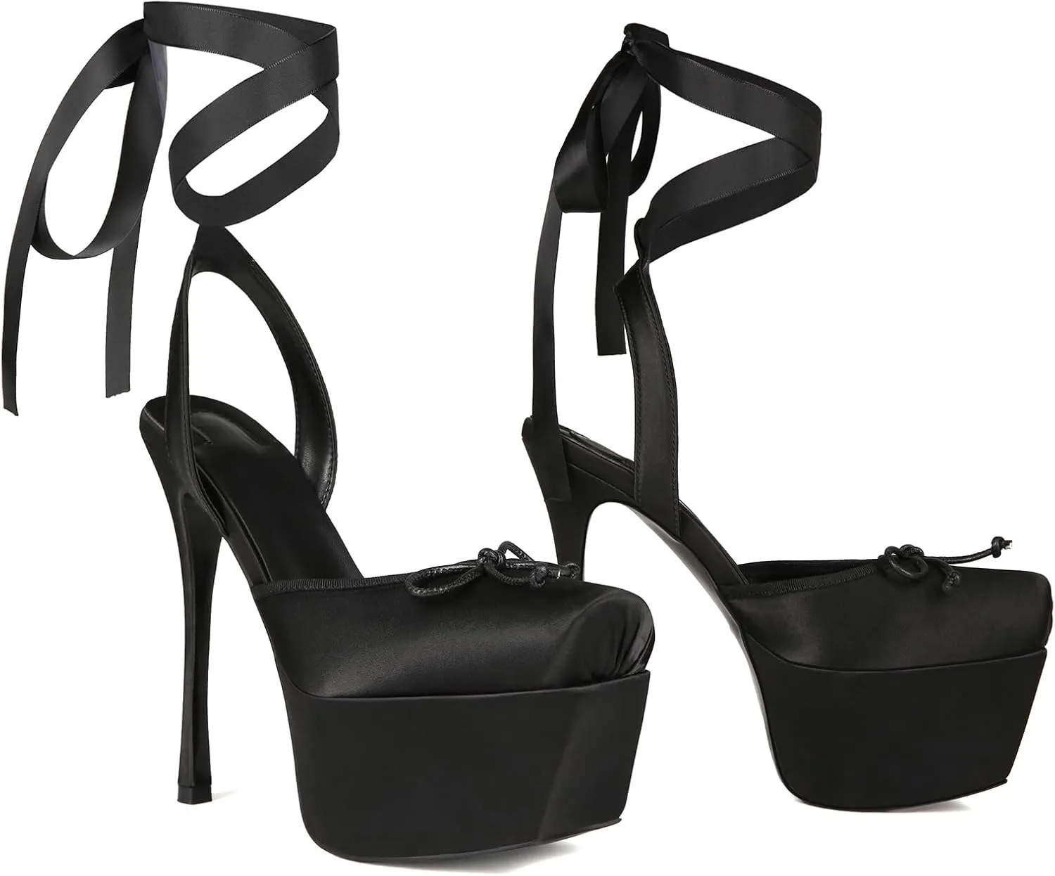 Saint Leia Women's Platform High Heels Square Closed Toe Bow Heels Lace Up Summer Elegant Sandals