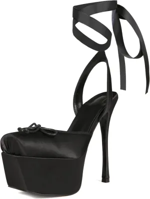 Saint Leia Women's Platform High Heels Square Closed Toe Bow Heels Lace Up Summer Elegant Sandals