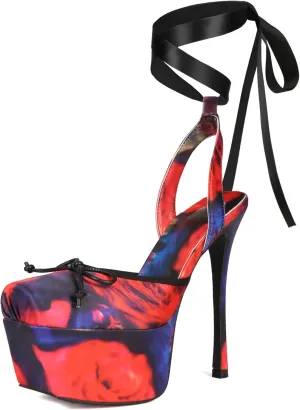 Saint Leia Women's Platform High Heels Square Closed Toe Bow Heels Lace Up Summer Elegant Sandals