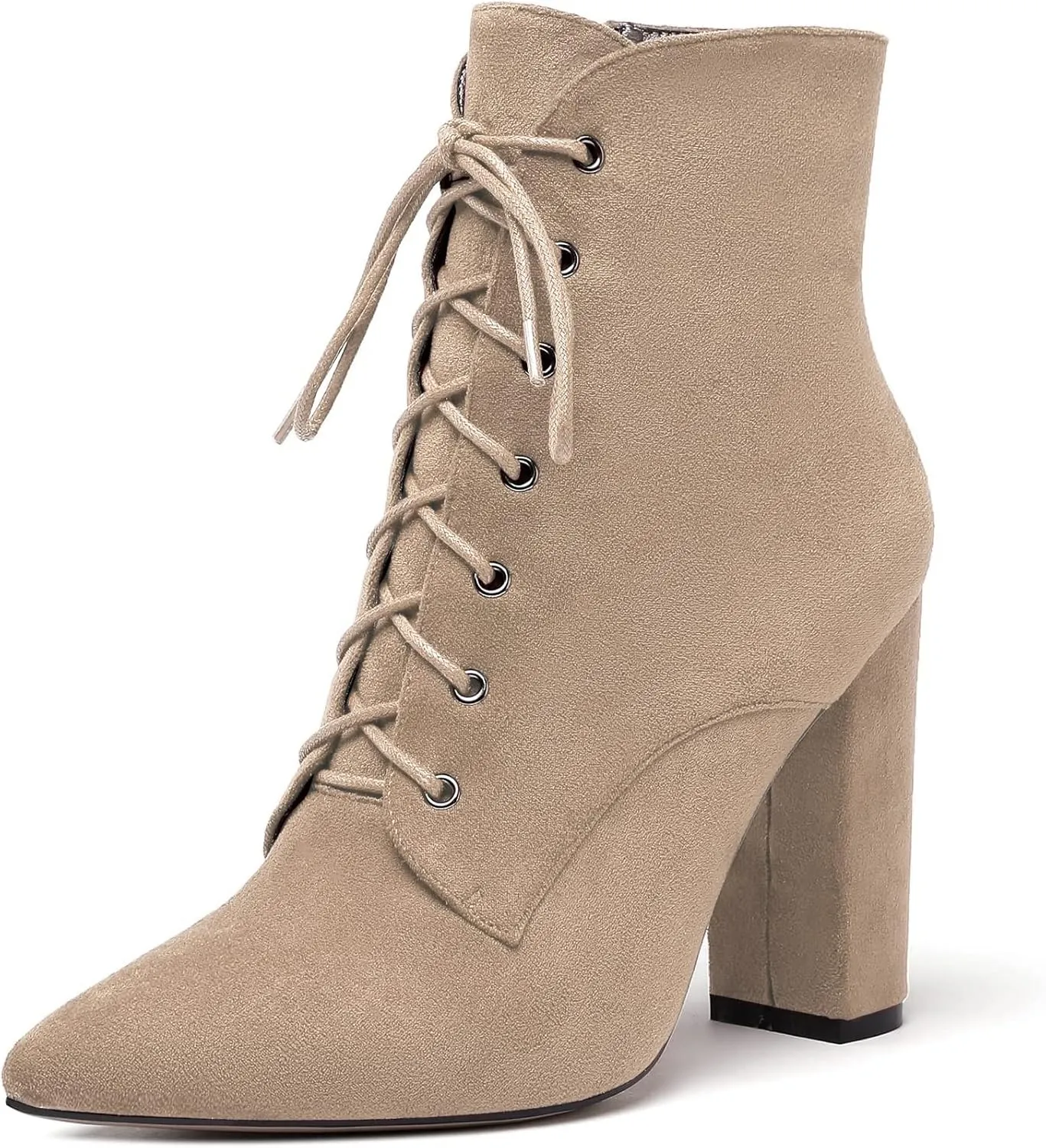 SAMMITOP Women's Chunky Heel Ankle Boots Pointed Toe Lace Up Diamond Embedded Heel Shoes