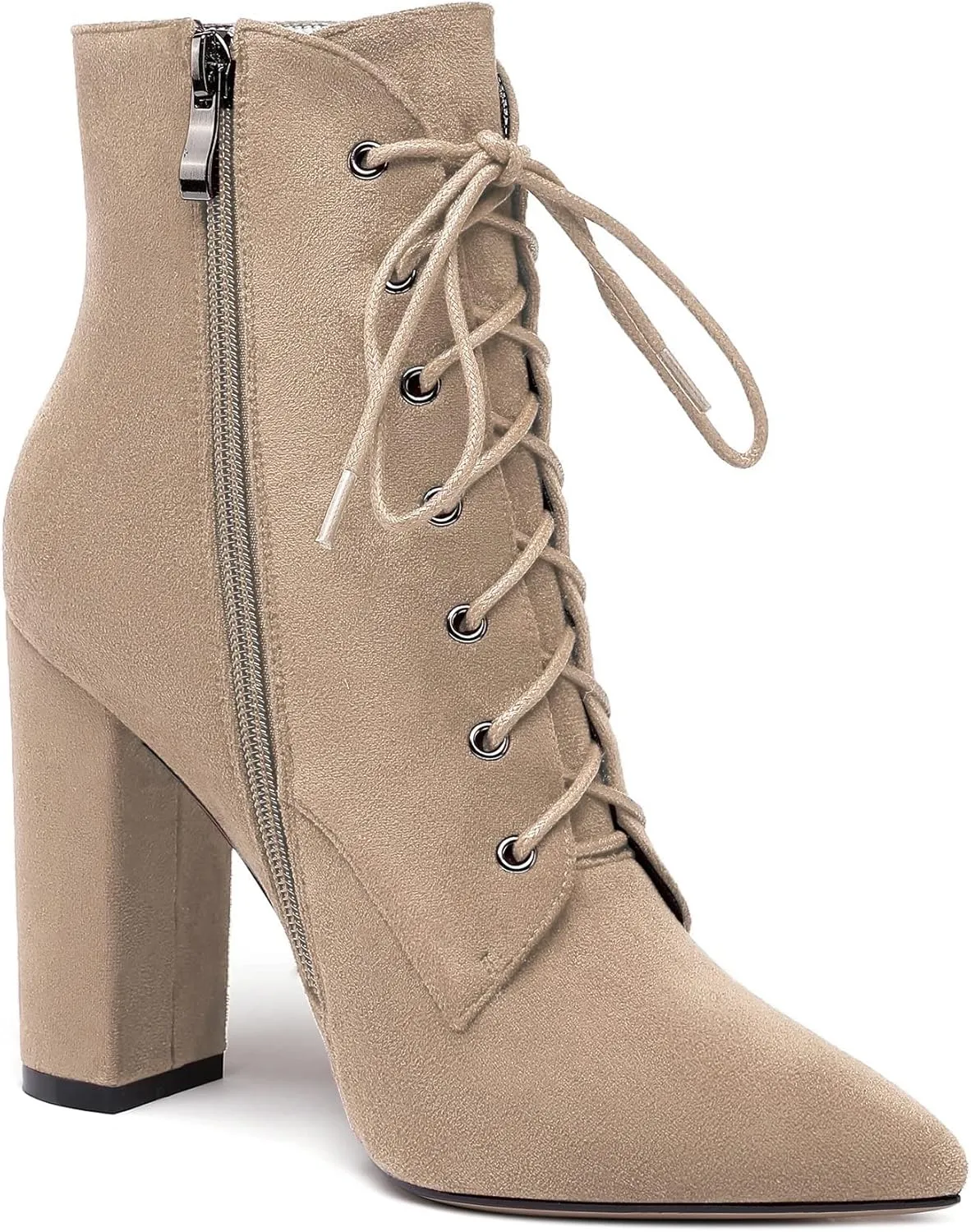 SAMMITOP Women's Chunky Heel Ankle Boots Pointed Toe Lace Up Diamond Embedded Heel Shoes