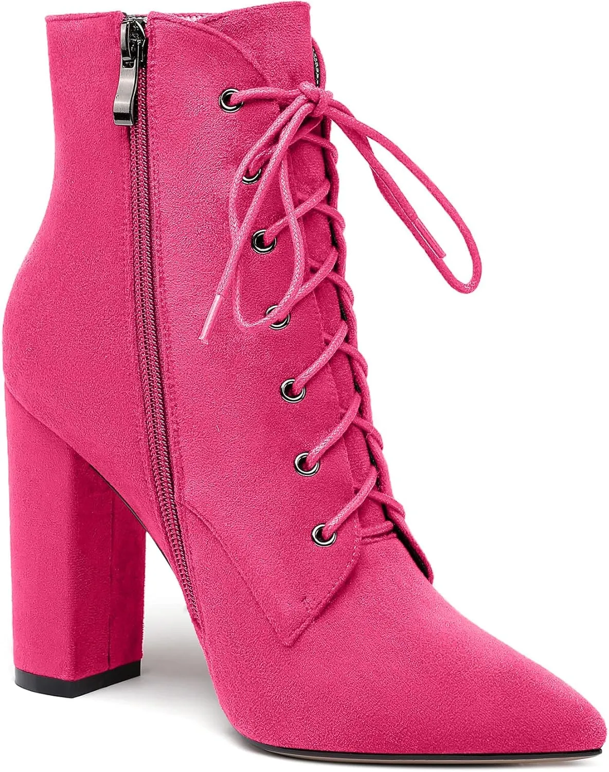 SAMMITOP Women's Chunky Heel Ankle Boots Pointed Toe Lace Up Diamond Embedded Heel Shoes