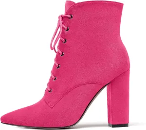 SAMMITOP Women's Chunky Heel Ankle Boots Pointed Toe Lace Up Diamond Embedded Heel Shoes