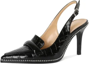 SAMMITOP Womens Slingback High Heel Pumps 3.5" Stiletto Pointed Toe Beaded Pumps Slip On Loafers Heels Elegant Dress Shoes