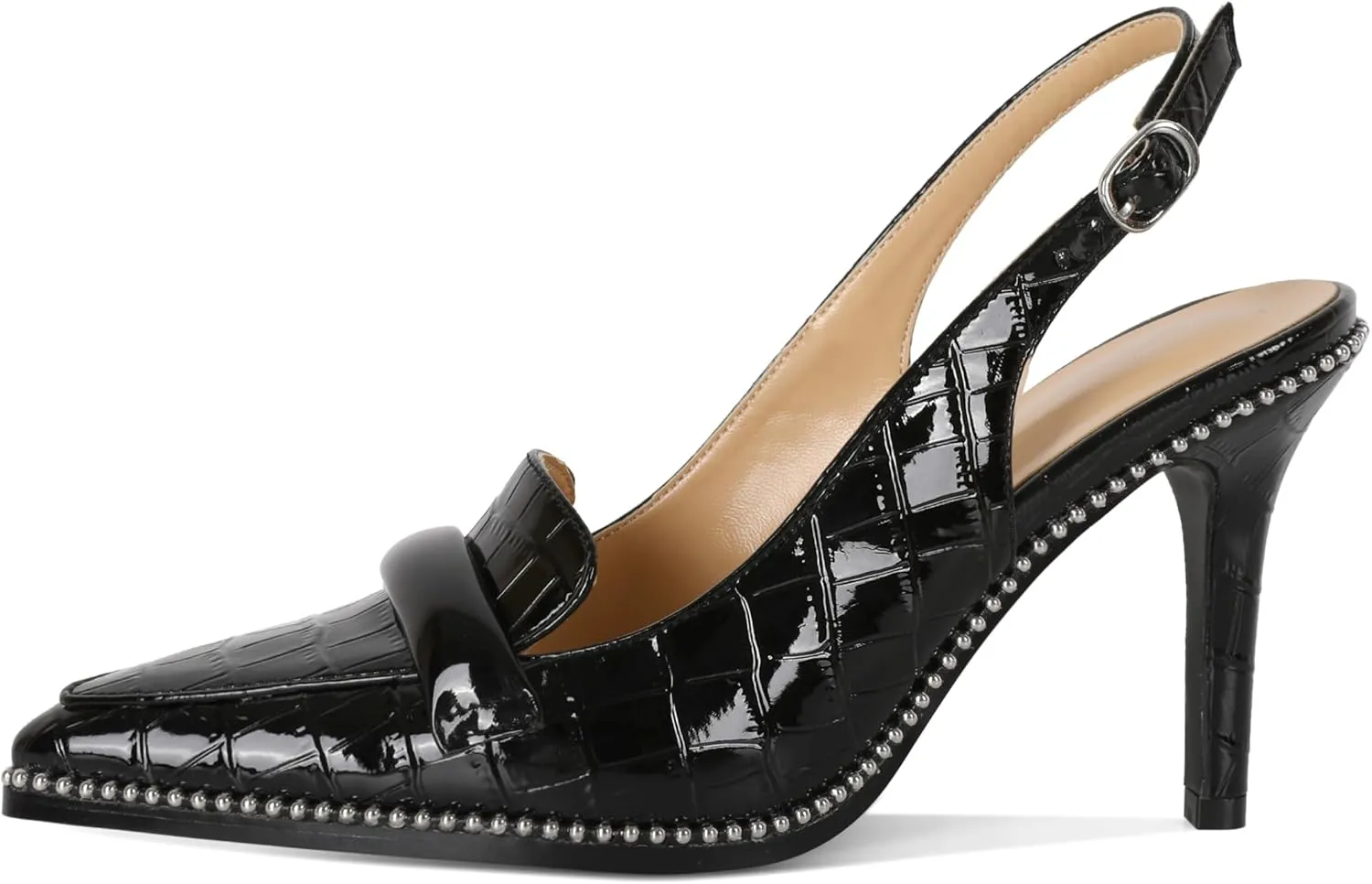 SAMMITOP Womens Slingback High Heel Pumps 3.5" Stiletto Pointed Toe Beaded Pumps Slip On Loafers Heels Elegant Dress Shoes
