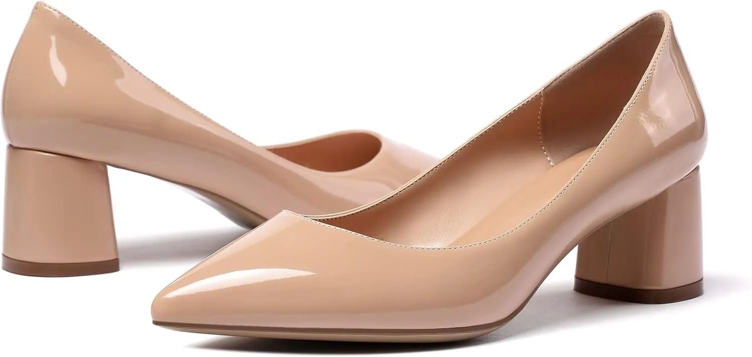 SAMMITOP Women's Women's Chunky Heels Slip-on Pumps Comfortable Leather Mid Heel Pointed Toe Block Office Classic Shoes 5 cm Heel