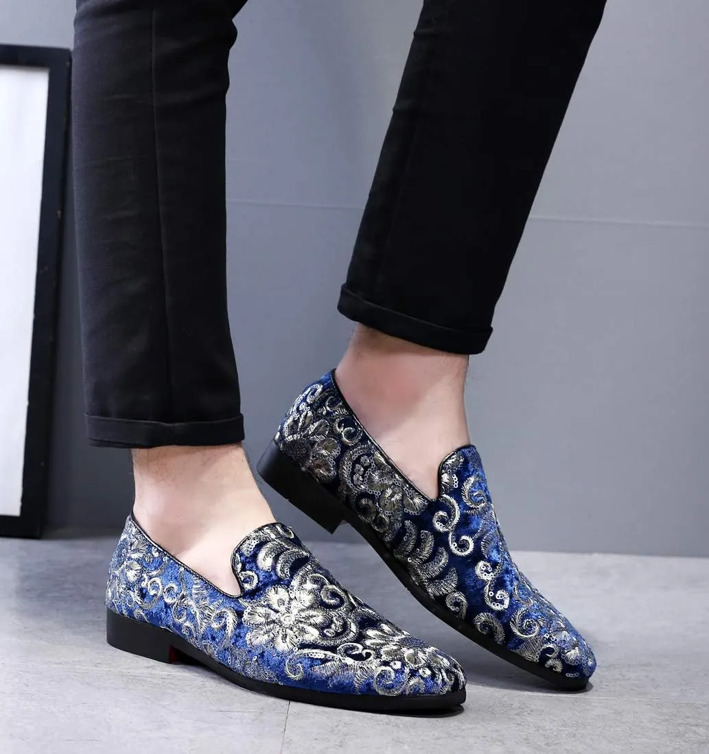 Santimon Mens Loafers Velvet Sequins Embroidered Smoking Slippers Dress Shoes Wedding Moccasins Slip-on Flats