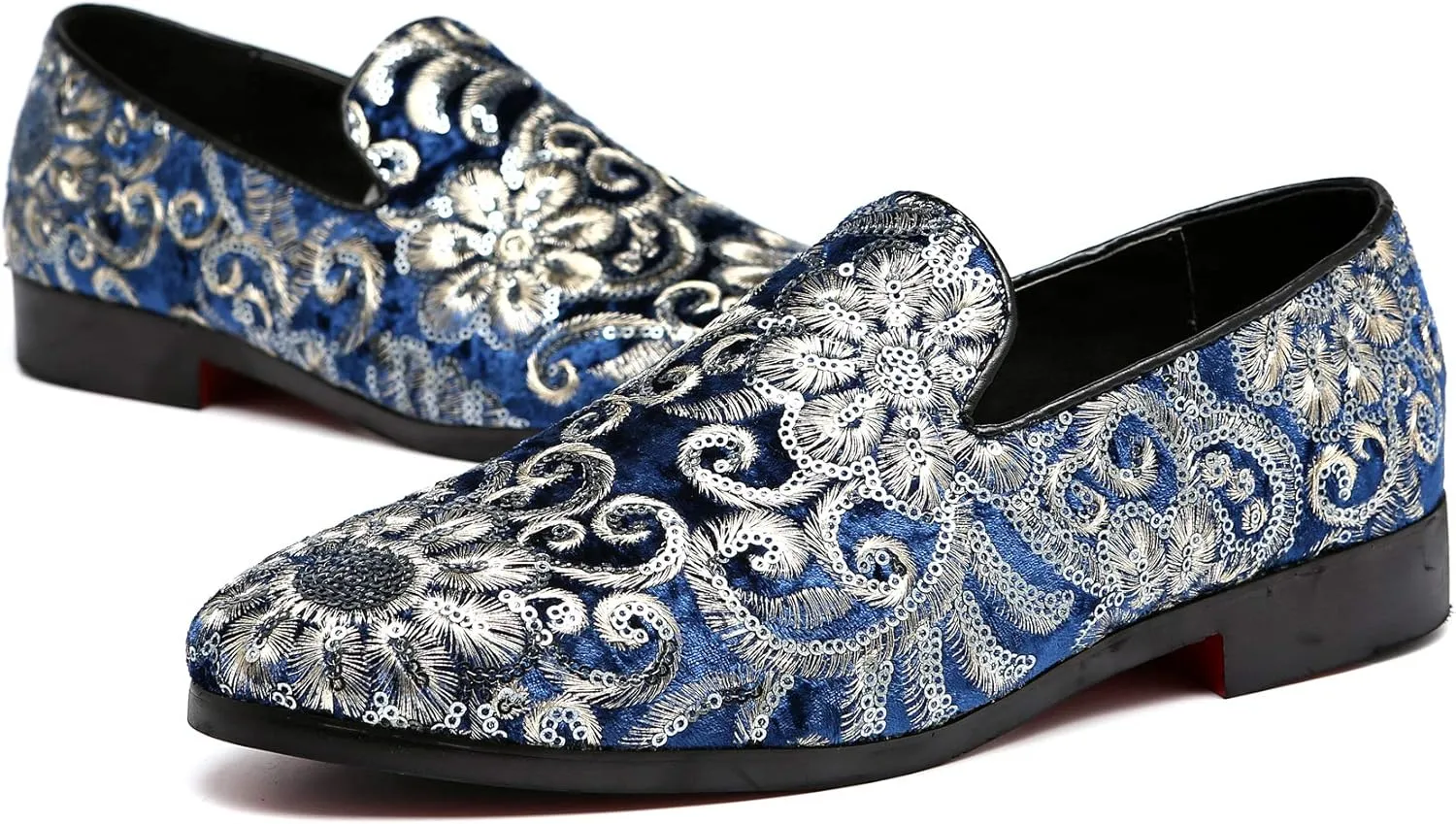 Santimon Mens Loafers Velvet Sequins Embroidered Smoking Slippers Dress Shoes Wedding Moccasins Slip-on Flats