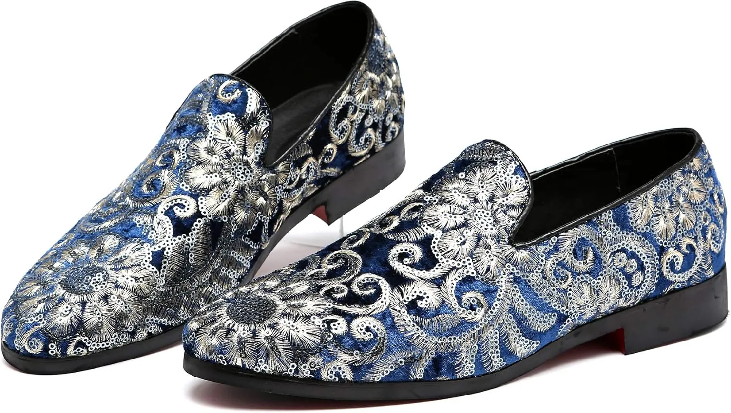 Santimon Mens Loafers Velvet Sequins Embroidered Smoking Slippers Dress Shoes Wedding Moccasins Slip-on Flats
