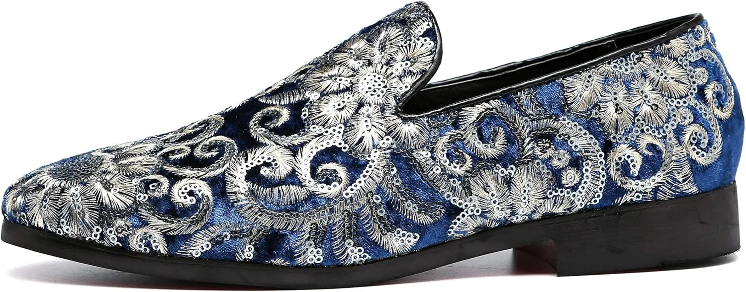 Santimon Mens Loafers Velvet Sequins Embroidered Smoking Slippers Dress Shoes Wedding Moccasins Slip-on Flats