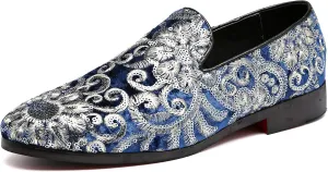 Santimon Mens Loafers Velvet Sequins Embroidered Smoking Slippers Dress Shoes Wedding Moccasins Slip-on Flats
