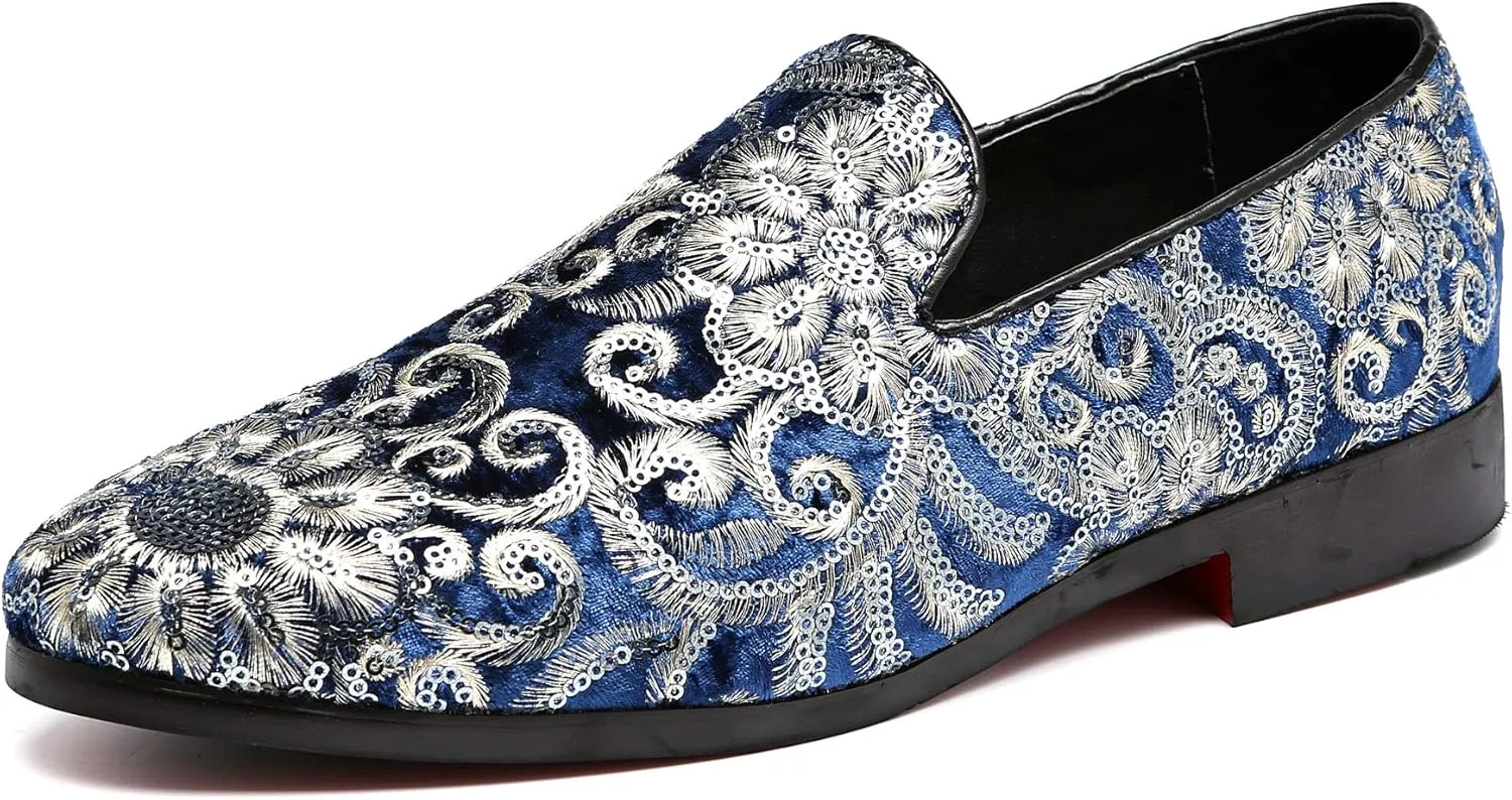 Santimon Mens Loafers Velvet Sequins Embroidered Smoking Slippers Dress Shoes Wedding Moccasins Slip-on Flats