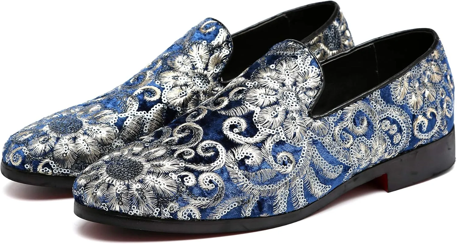 Santimon Mens Loafers Velvet Sequins Embroidered Smoking Slippers Dress Shoes Wedding Moccasins Slip-on Flats