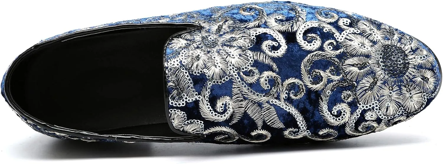 Santimon Mens Loafers Velvet Sequins Embroidered Smoking Slippers Dress Shoes Wedding Moccasins Slip-on Flats