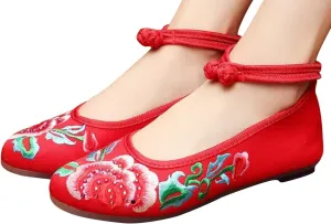 SATUKI Embroidered Shoes for Women, Chinese Style Knot Handmade Casual Loafer Floral Flat Shoes