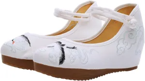 SATUKI Embroidered Shoes for Women, Chinese Style Knot Handmade Casual Loafer Floral Mid Heel Shoes