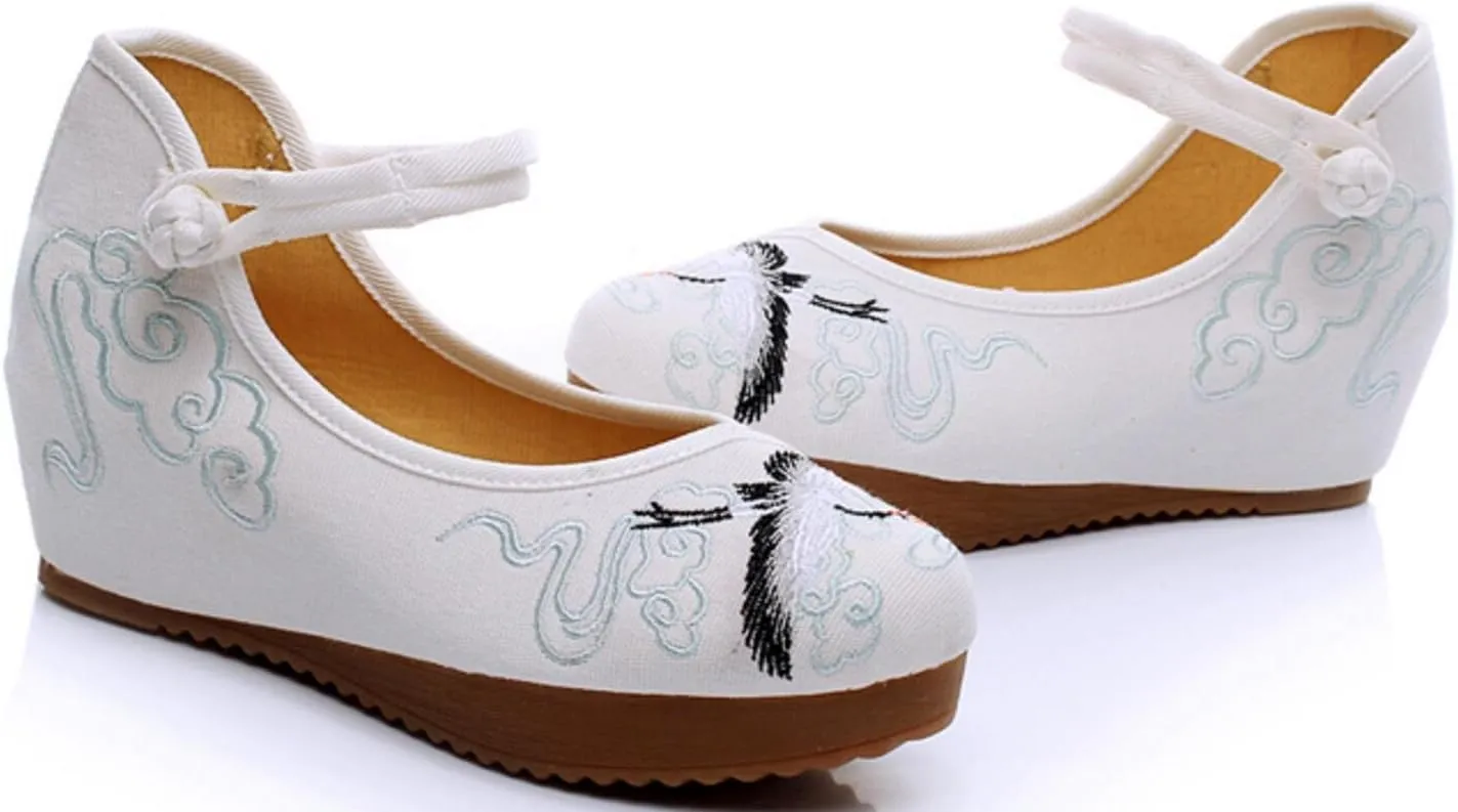 SATUKI Embroidered Shoes for Women, Chinese Style Knot Handmade Casual Loafer Floral Mid Heel Shoes
