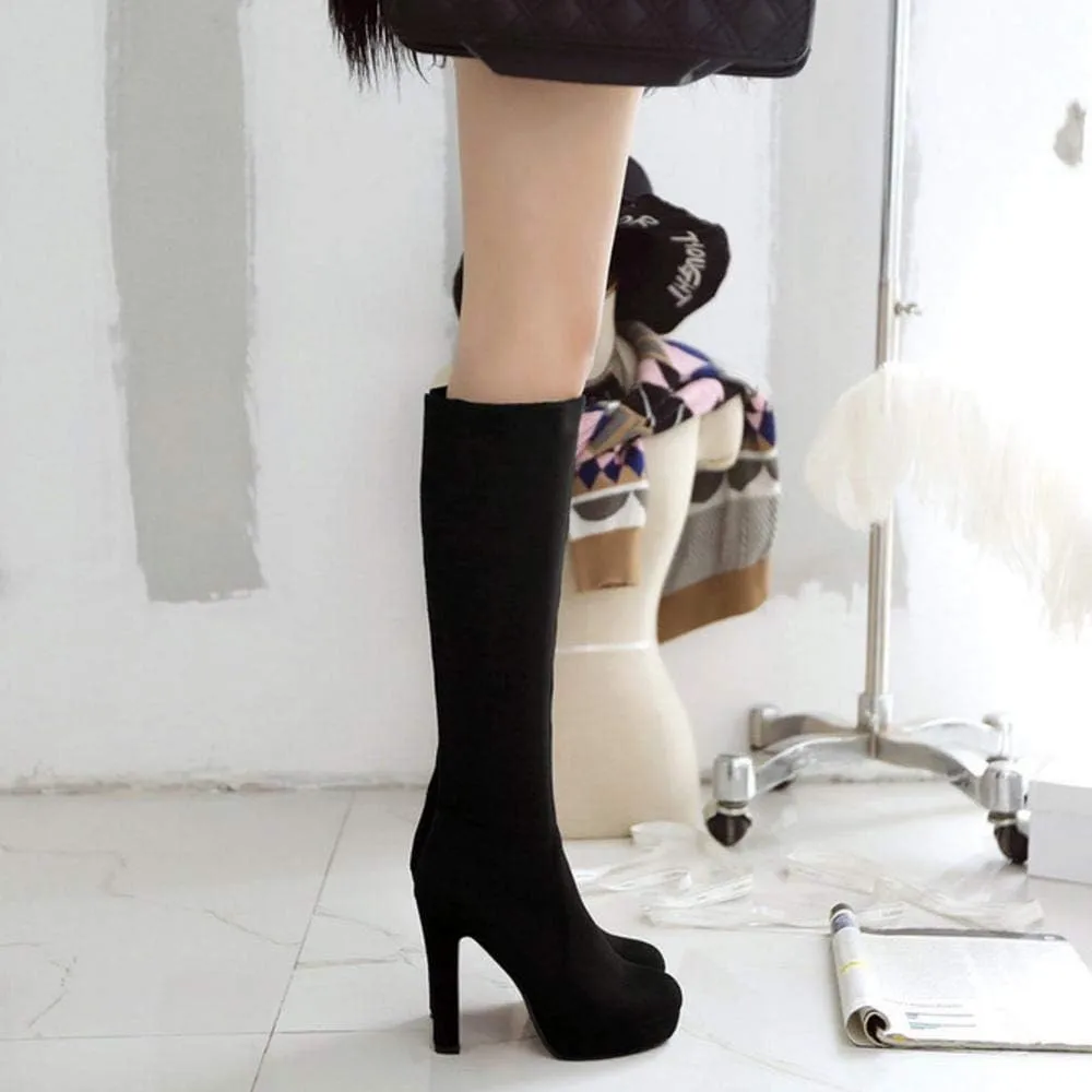 Scaoruki Women Elegant Mid Top Boots Block Heels High Boots Platform