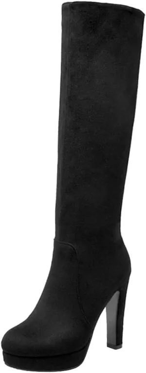 Scaoruki Women Elegant Mid Top Boots Block Heels High Boots Platform