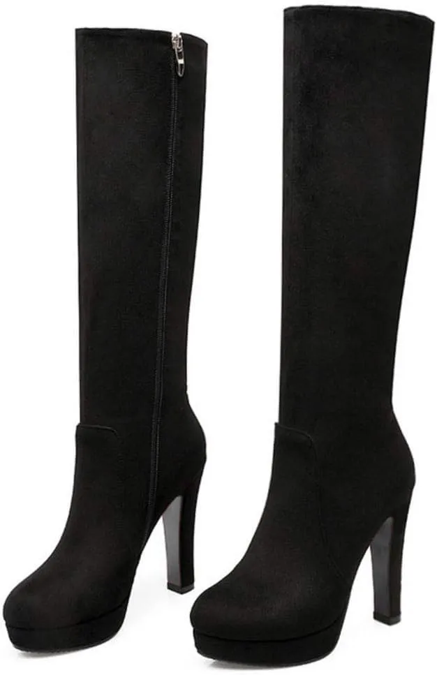 Scaoruki Women Elegant Mid Top Boots Block Heels High Boots Platform
