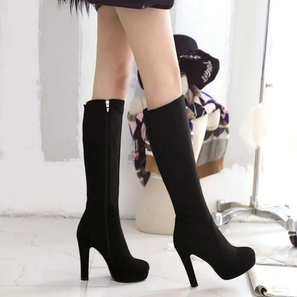 Scaoruki Women Elegant Mid Top Boots Block Heels High Boots Platform