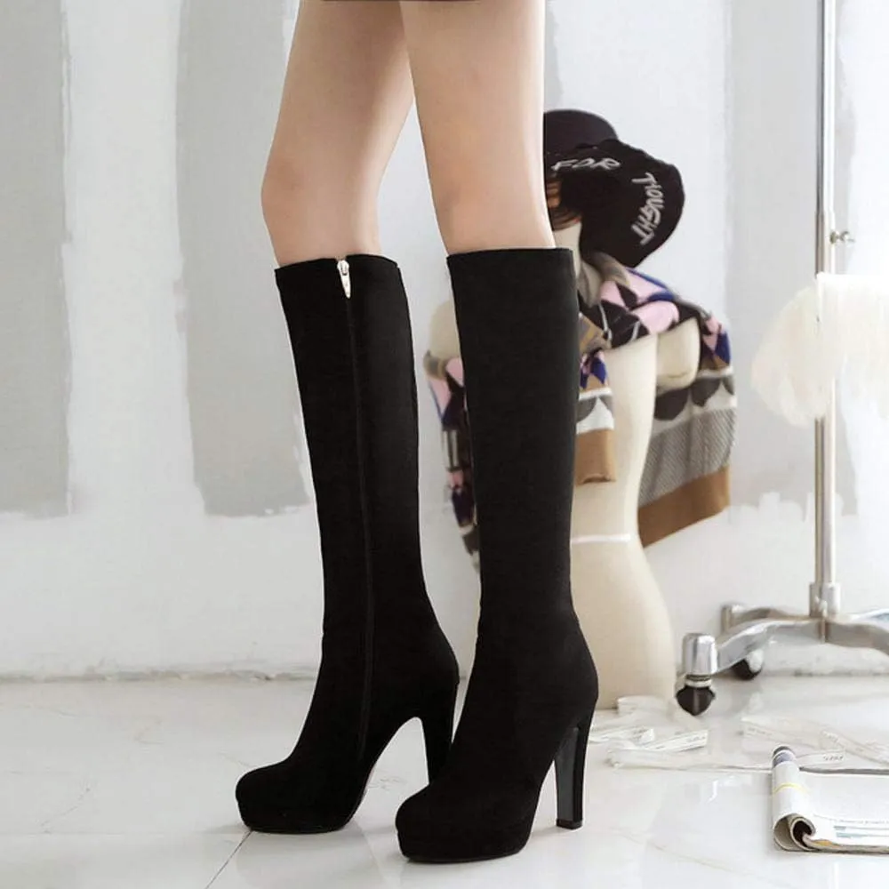 Scaoruki Women Elegant Mid Top Boots Block Heels High Boots Platform