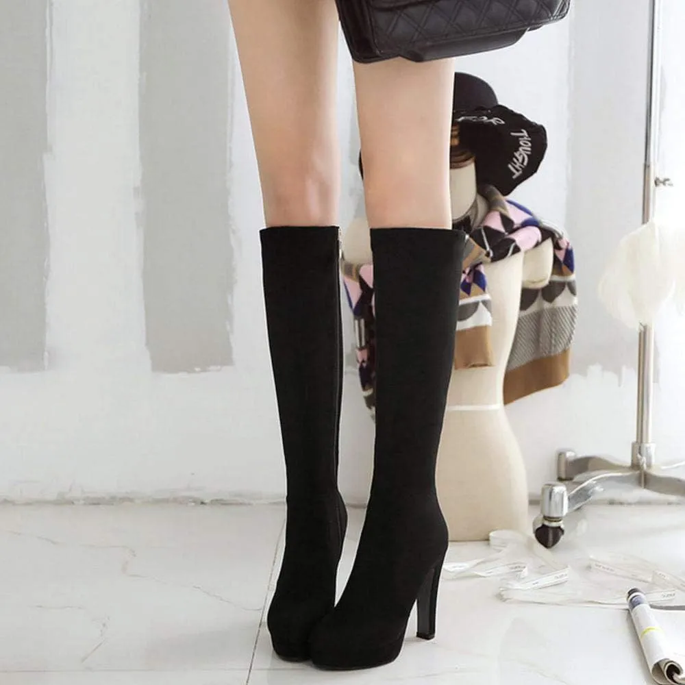 Scaoruki Women Elegant Mid Top Boots Block Heels High Boots Platform