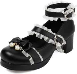SEIFIN Women's Kawaii Lolita Mid Block Heel Mary Jane Shoes Cute Ankle Strap Mary Jane Shoes Goth Strappy Bow Wedding Lace Mid Chunky Heel Pumps Cute Sweet Shoes