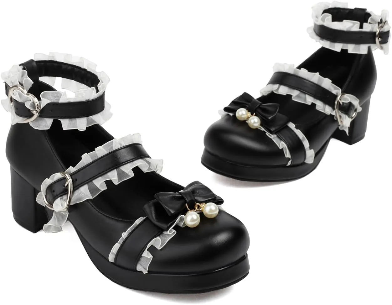 SEIFIN Women's Kawaii Lolita Mid Block Heel Mary Jane Shoes Cute Ankle Strap Mary Jane Shoes Goth Strappy Bow Wedding Lace Mid Chunky Heel Pumps Cute Sweet Shoes