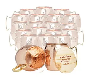 Set of 20 Advanced Mixology Moscow Mule 100% Pure Copper Mugs - 16 Ounce with 2 Artisan Hand Crafted Wooden Coasters - Barrel With Brass Handle