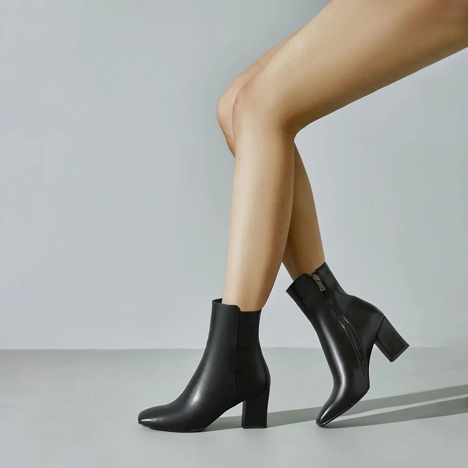SHEMEE Women's Square Toe Block Heels Booties Chunky High Heeled Side Zipper Ankle Boots Shoes