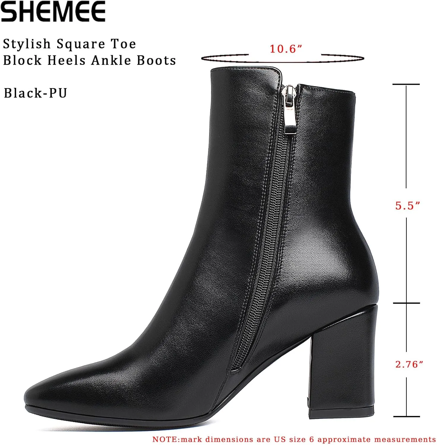 SHEMEE Women's Square Toe Block Heels Booties Chunky High Heeled Side Zipper Ankle Boots Shoes