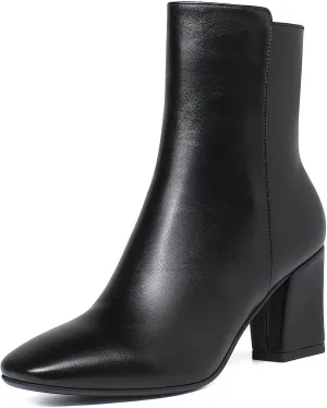 SHEMEE Women's Square Toe Block Heels Booties Chunky High Heeled Side Zipper Ankle Boots Shoes