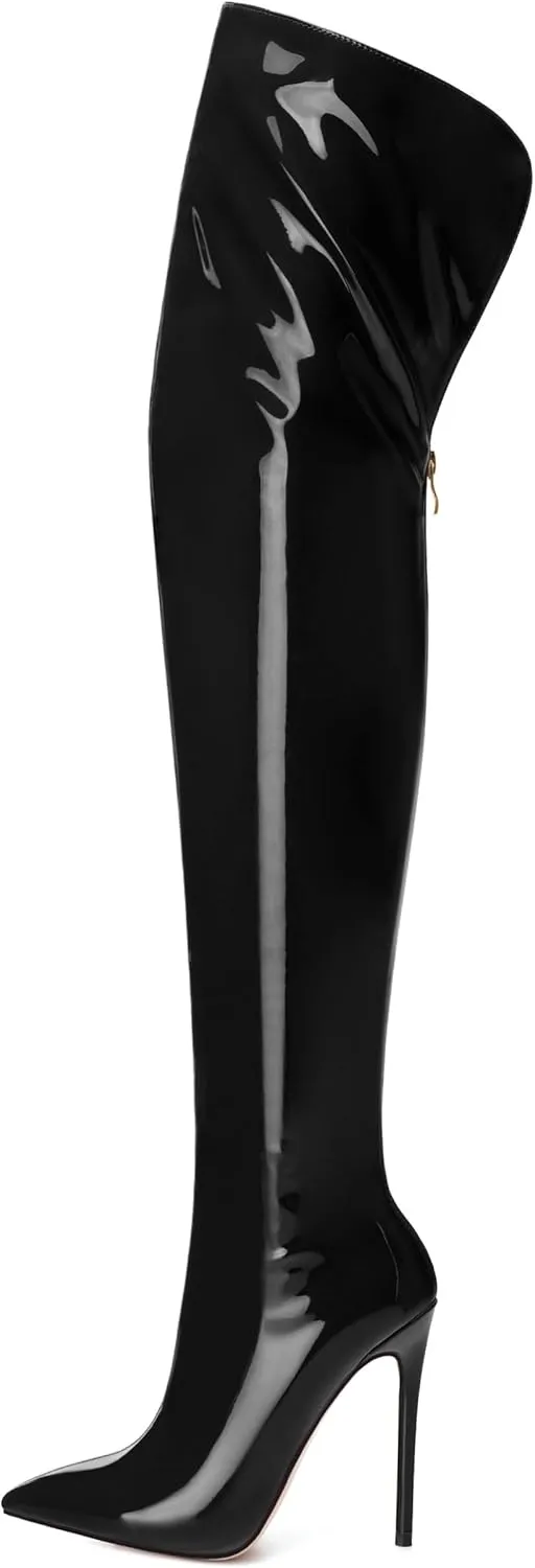 SHOWFOREST Over the Knee Boots for Women Stiletto High Heels Pointed Toe Patent Leather 4.7 Inch Fall Boots with Zipper Sexy Fashion Dance Party Long Boot Shoes