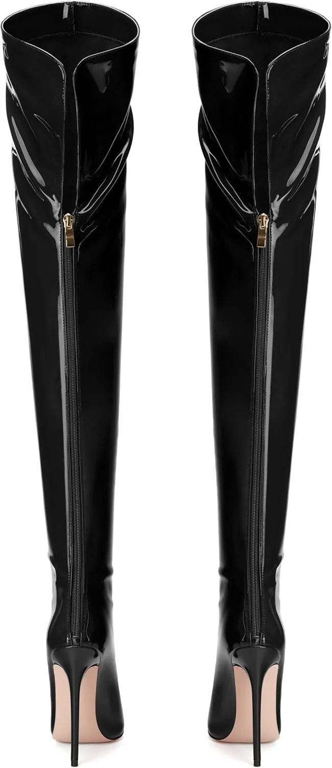 SHOWFOREST Over the Knee Boots for Women Stiletto High Heels Pointed Toe Patent Leather 4.7 Inch Fall Boots with Zipper Sexy Fashion Dance Party Long Boot Shoes