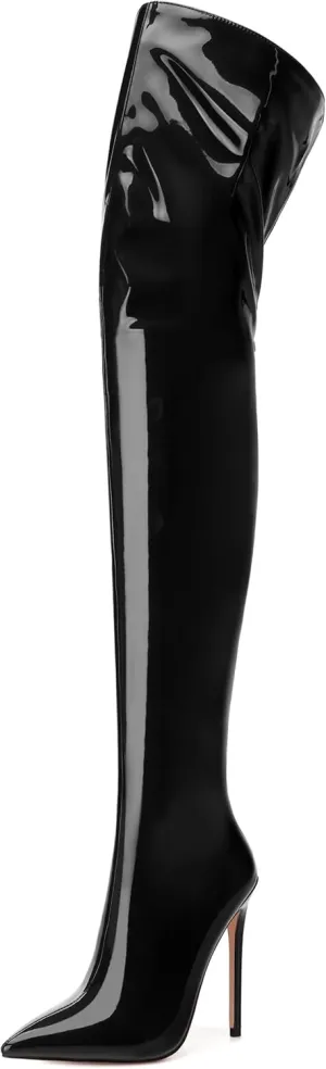 SHOWFOREST Over the Knee Boots for Women Stiletto High Heels Pointed Toe Patent Leather 4.7 Inch Fall Boots with Zipper Sexy Fashion Dance Party Long Boot Shoes