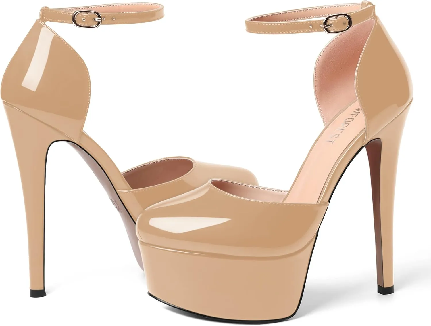 SHOWFOREST Womens Round Toe Ankle Strap Patent Dress Buckle Dating Stiletto High Heel Pumps Shoes 6 Inch