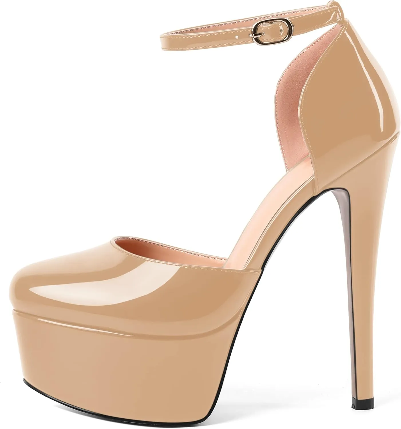 SHOWFOREST Womens Round Toe Ankle Strap Patent Dress Buckle Dating Stiletto High Heel Pumps Shoes 6 Inch