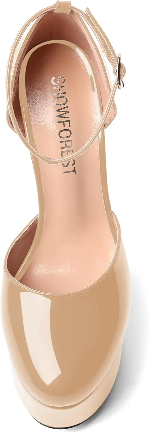 SHOWFOREST Womens Round Toe Ankle Strap Patent Dress Buckle Dating Stiletto High Heel Pumps Shoes 6 Inch