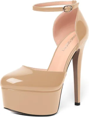 SHOWFOREST Womens Round Toe Ankle Strap Patent Dress Buckle Dating Stiletto High Heel Pumps Shoes 6 Inch