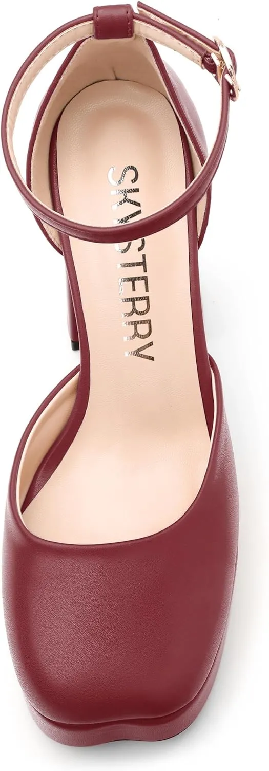 SKYSTERRY Women's Platform Heels 4.3-Inch High Block Chunky Square Closed Toe Pumps Ankle Strap Matte Dress Wedding Party Shoes