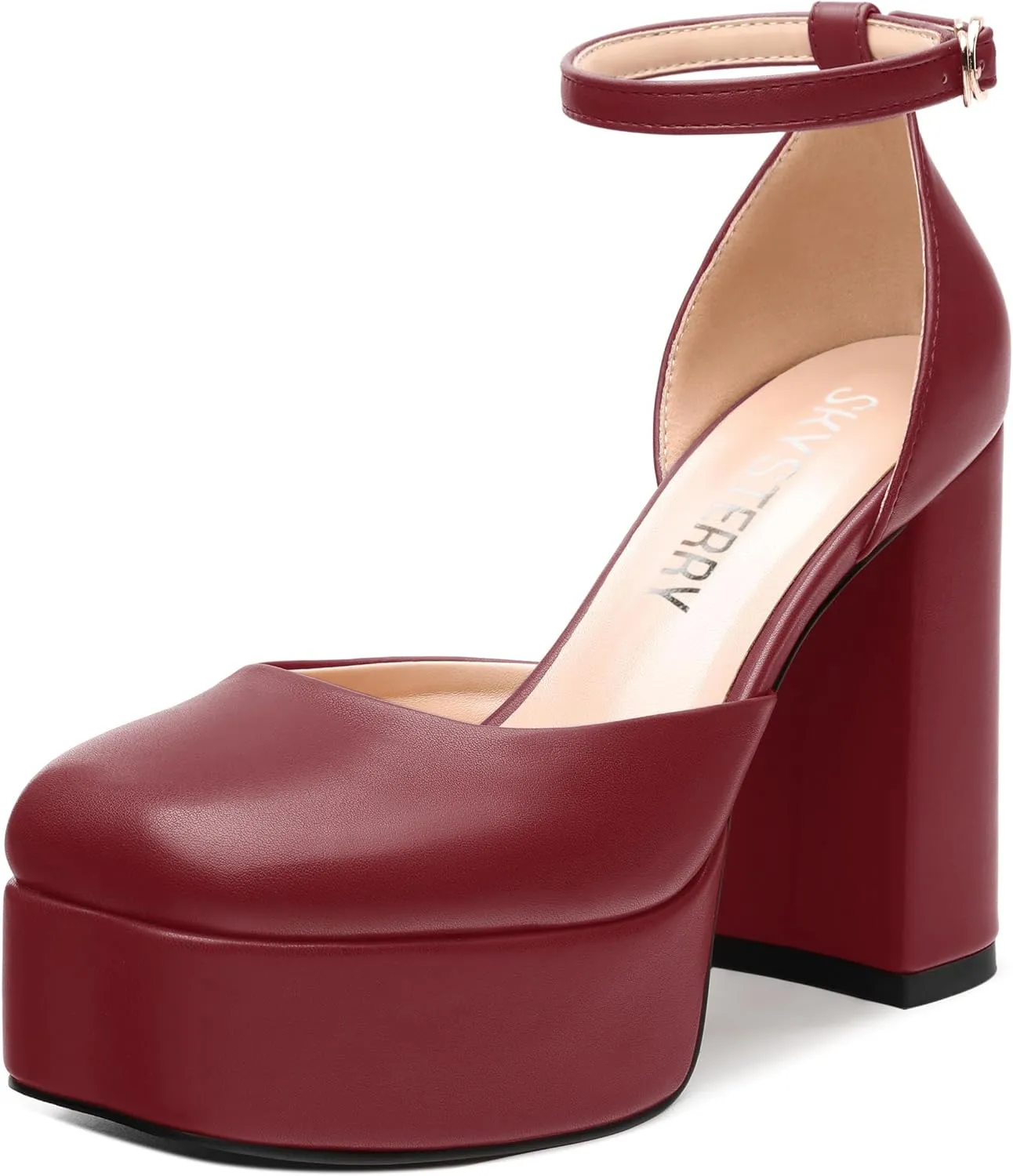 SKYSTERRY Women's Platform Heels 4.3-Inch High Block Chunky Square Closed Toe Pumps Ankle Strap Matte Dress Wedding Party Shoes